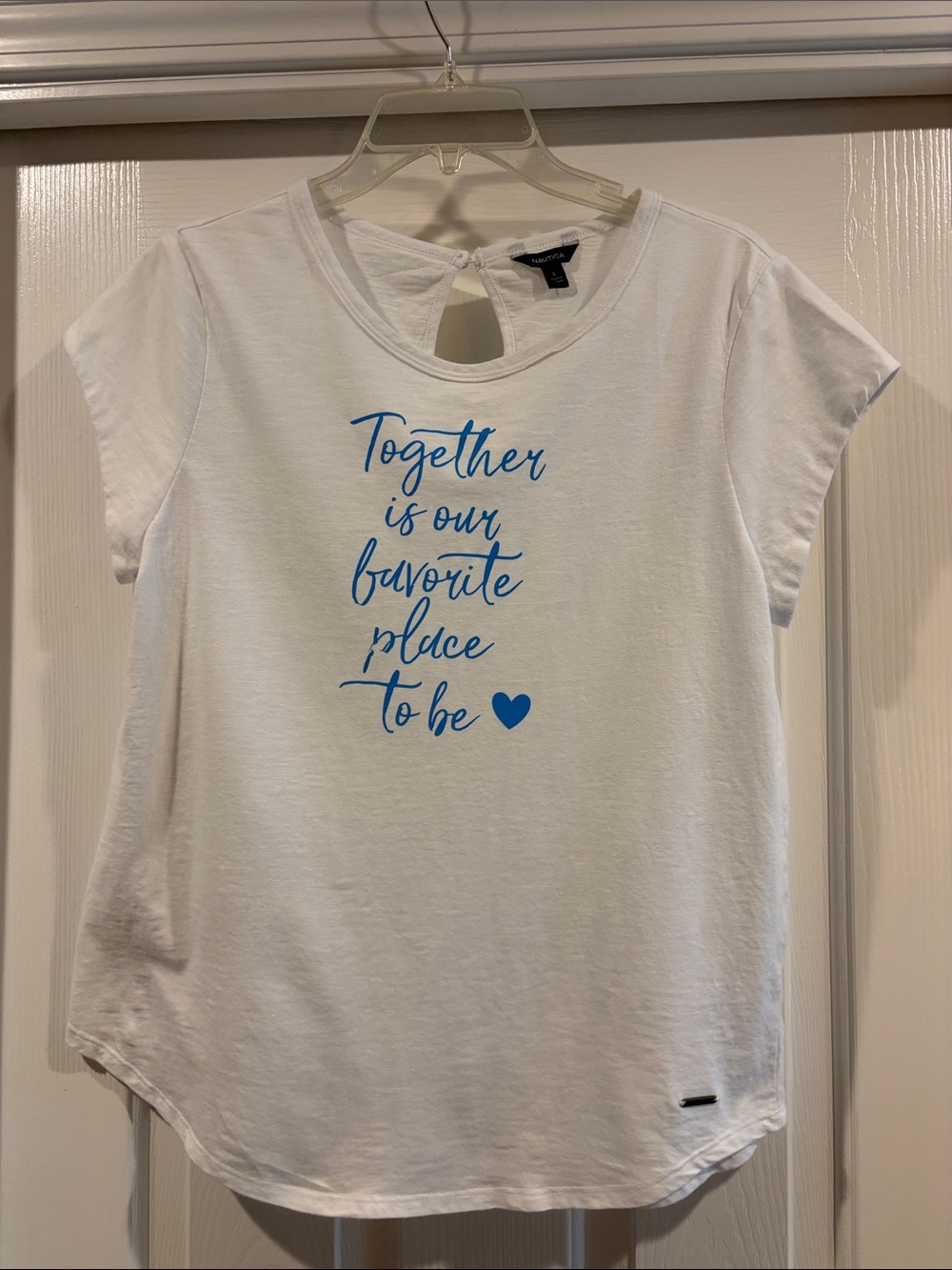 Nautica White Short-Sleeve Tee with Blue Script Heart like new